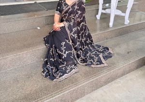Elegant Black partywear Saree with roseGold Embroi