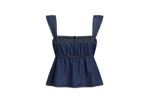 Square Neck Bowknot Shirred Demin Crop Tank Top