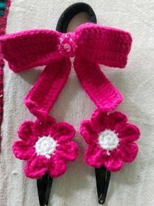 Crocheted Hair Bow &amp; Flower Clips Set