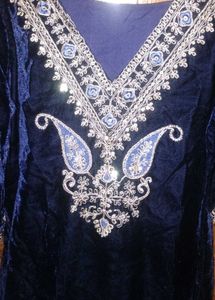 Embroidered Blue Velvet Kurta set