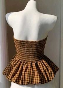 Gingham Ruffle brown Peplum Top