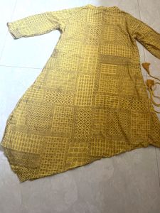 Yellow Block Print Asymmetrical Kurta
