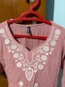 Pink Embroidered Cotton Kurti