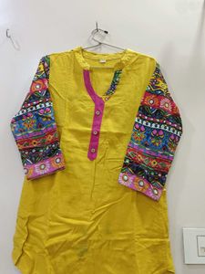 Yellow Embroidered Print Kurti
