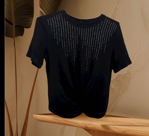 Black Rhinestone Studded Twist Hem Tee