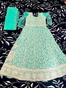 Women's Mint Green Chikankari Ethnic Long Gown - P