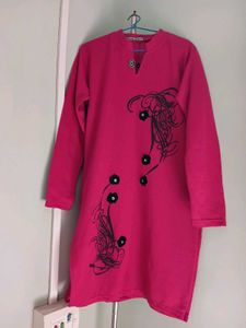 Brand New Pink Woolen Kurti With Floral Details