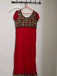 Red Ethnic Gown with Floral Embroidery