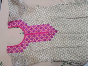 Beige with Pink Embroidery Cotton Kurta