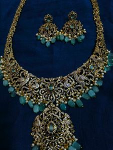 Royal Peacock Designer Necklace Set with Aqua Bead