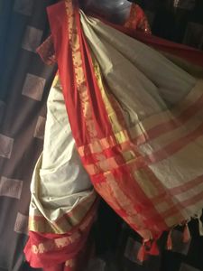 New ElegantCottonSilk BeizeWithMaroonBorder Saree