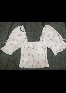 White Smocked Crop Top with Floral Print