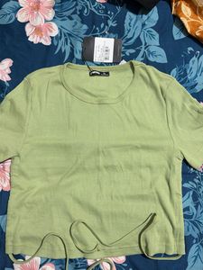 Light Green Ribbed Crop Top with Tie Detail