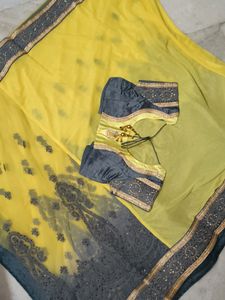 Yellow Grand Party Wear Worked Saree With Silver Work