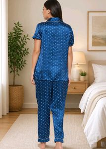 Blue Polka Dot Satin Pajama Set