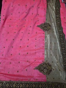 Embellished Pink &amp; Grey Saree