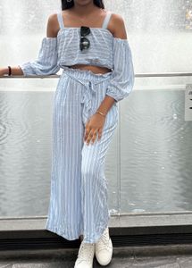 Blue Striped Off-Shoulder Crop Top & Palazzo Set