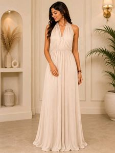Elegant Beige Halter Neck Maxi Dress