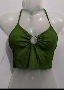 Green Ribbed Ring Detail Crop Top