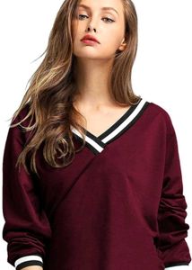 Maroon V-Neck Striped Trim Top