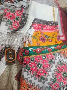Stylish White Lehenga with Colorful Border