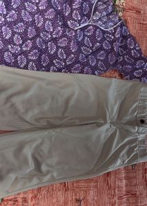 Purple Leaf Print Kurta & Beige Pants combo
