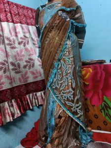 brown  blue saree with golden and silver pri