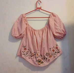 Pink Embroidered Off-Shoulder Blouse
