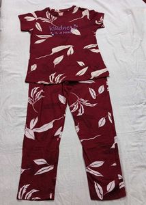 New Maroon Leaf Print Pajama Set