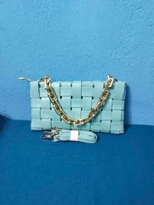 Light Blue Woven Clutch with Gold Chain
