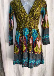 Boho Print Long Sleeve V-Neck Dress