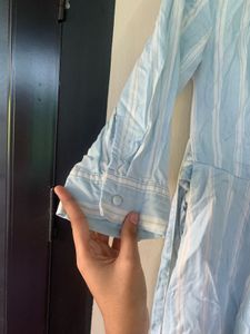 Light Blue Striped Button-Down Dress
