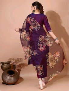Elegant Purple Floral Kurti pant dupatta Set
