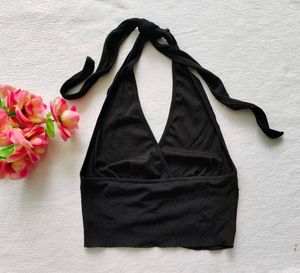 Black Ribbed Halter Crop Top