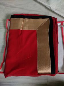 Vibrant Red Saree with Gold Border