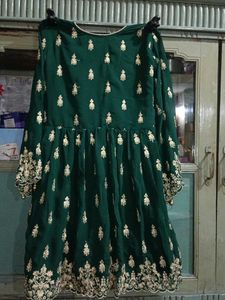 Green Georgette short frock with  flair sharara