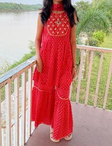 Vibrant Red Printed Kurta Set with Sharara Pants