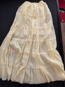 Cream Tiered Cottagecore Skirt with Pink Bow