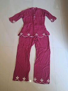 Maroon Embroidered Relaxed Fit Pajama Set