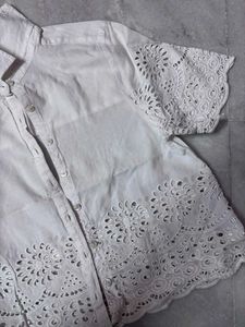 White Eyelet Cotton Button-Up Top