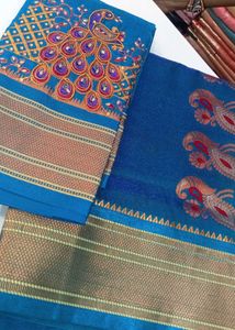Beautiful Teal Peacock Embroidered Saree