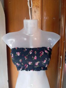 Smocked Floral Bandeau Bikini Top