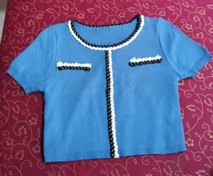 Blue Trimmed Short Sleeve koreanTop