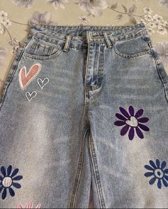 Cute Embroidered Wide Leg Jeans