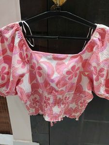Pink Floral Puff Sleeve Ruched Top