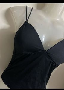 Black V-Neck Spaghetti Strap Bikini Top