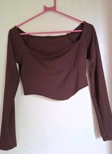 🤎 Brown Ribbed Square Neck Crop Top