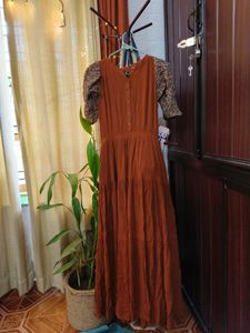Rust Ajrakh Puff Sleeve Gown