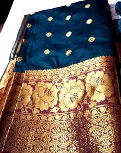 Elegant Teal Silk Saree with Gold Border