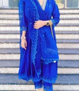 Blue v-neck embroidered Kurti Trouser Dupatta Set